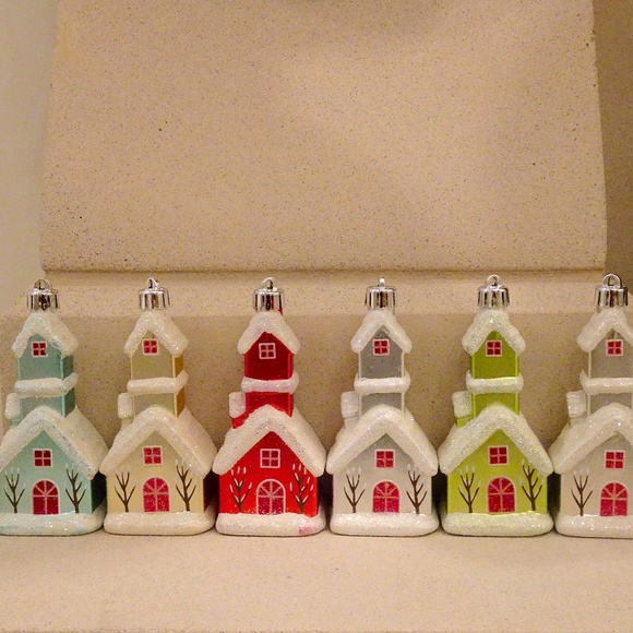 Sparkly Snow Christmas Cottage Glass Ornaments Winter Wonderland - Set of 6 - Picture 3 of 6